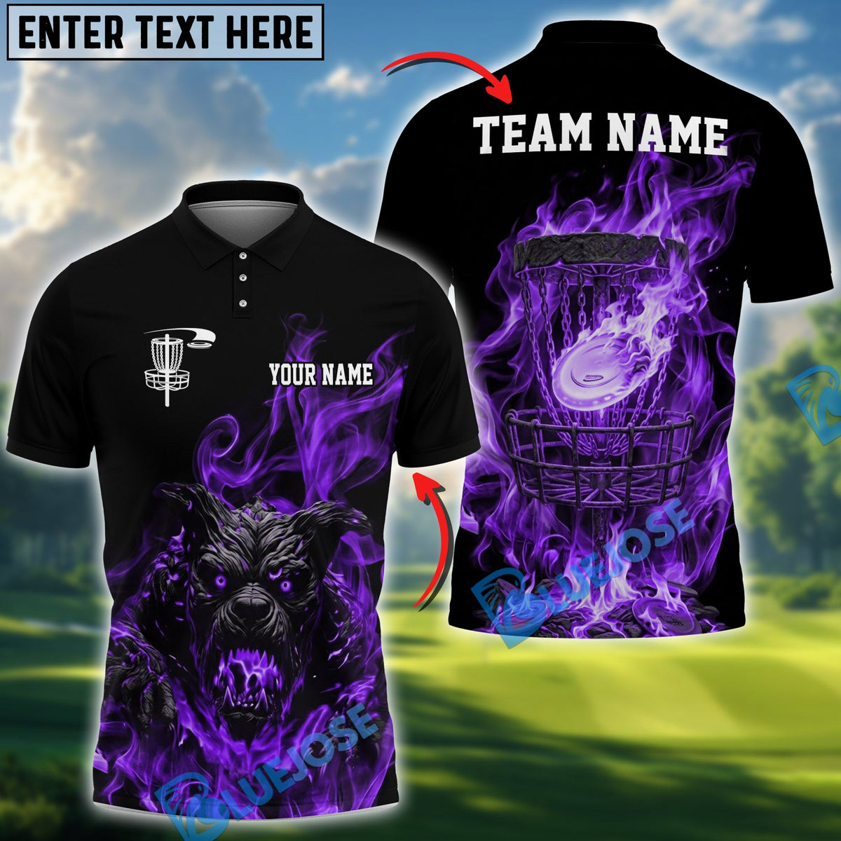 BlueJose Flame Wolf Disc Golf Polo Personalized Name, Team Name 3D Shirt (4 Colors)