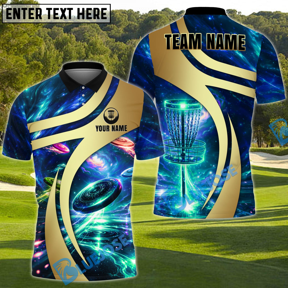 BlueJose Galaxy Disc Golf Polo Personalized Name, Team Name 3D Shirt (4 Colors)