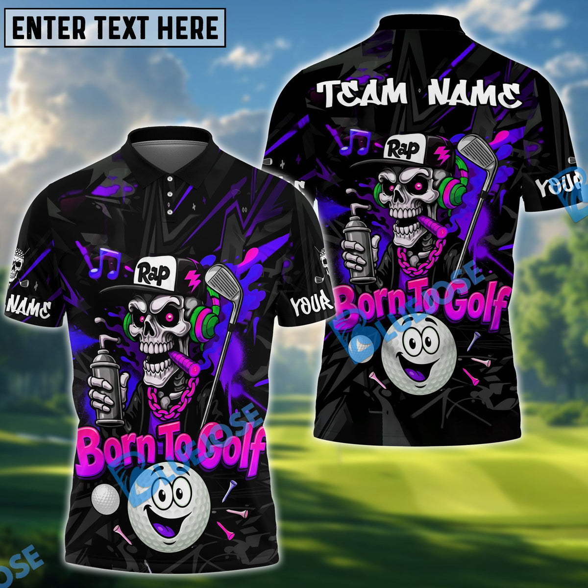 BlueJose Born To Golf Skull Rap Style Polo Personalized Name, Team Name 3D Shirt (4 Colors)