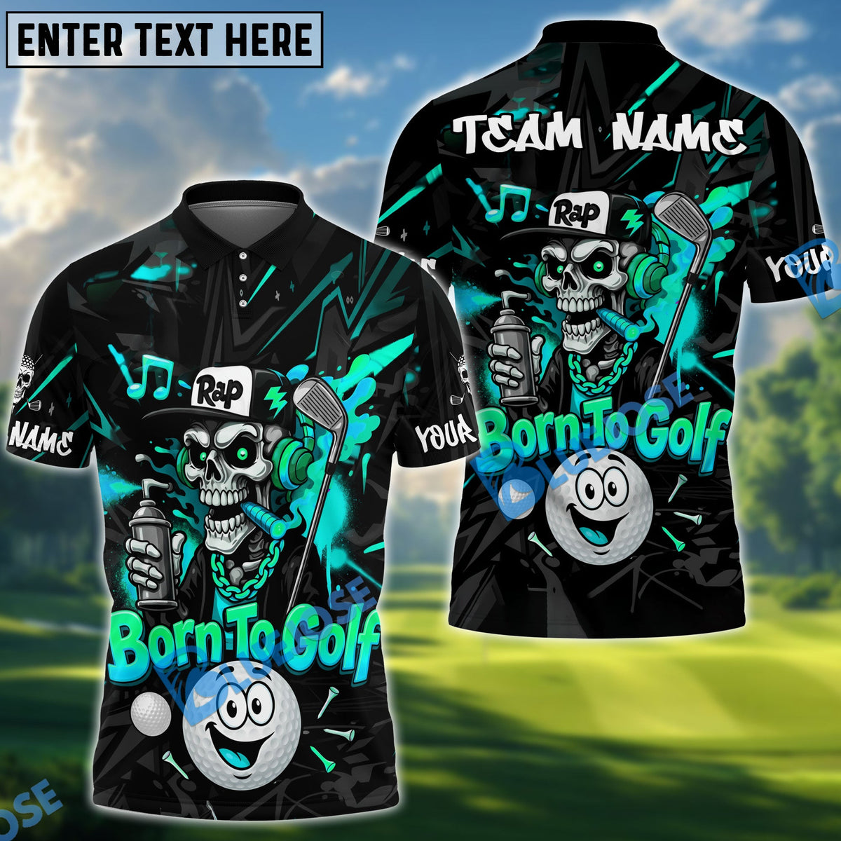 BlueJose Born To Golf Skull Rap Style Polo Personalized Name, Team Name 3D Shirt (4 Colors)