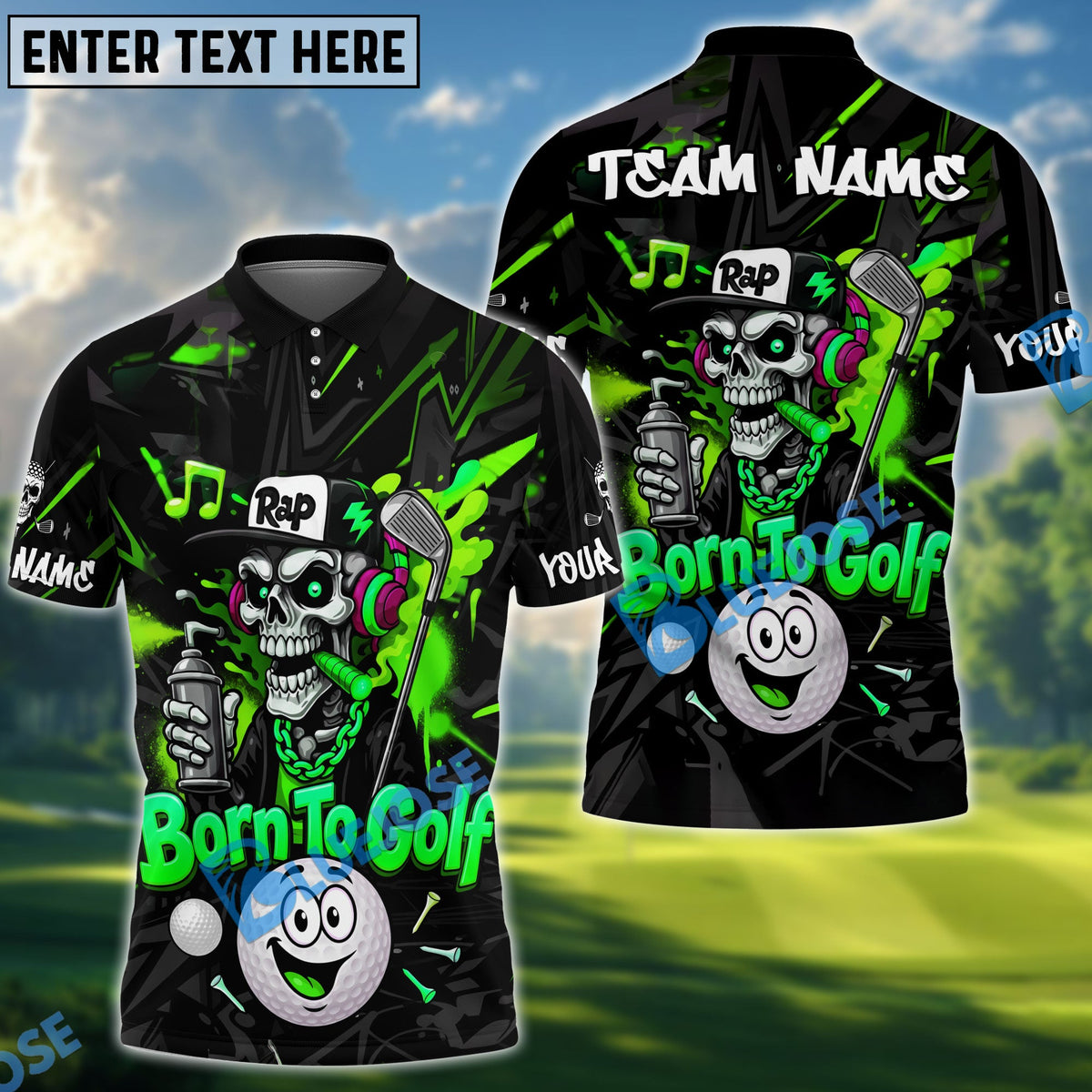 BlueJose Born To Golf Skull Rap Style Polo Personalized Name, Team Name 3D Shirt (4 Colors)