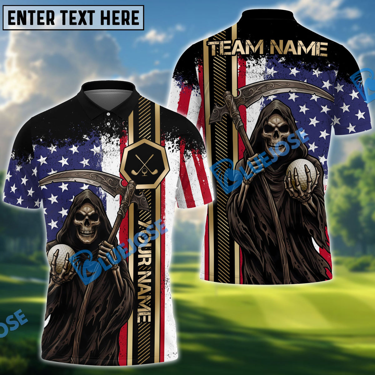 BlueJose Grim Reaper Patriot Golf Polo Customized Name, Team Name 3D Shirts