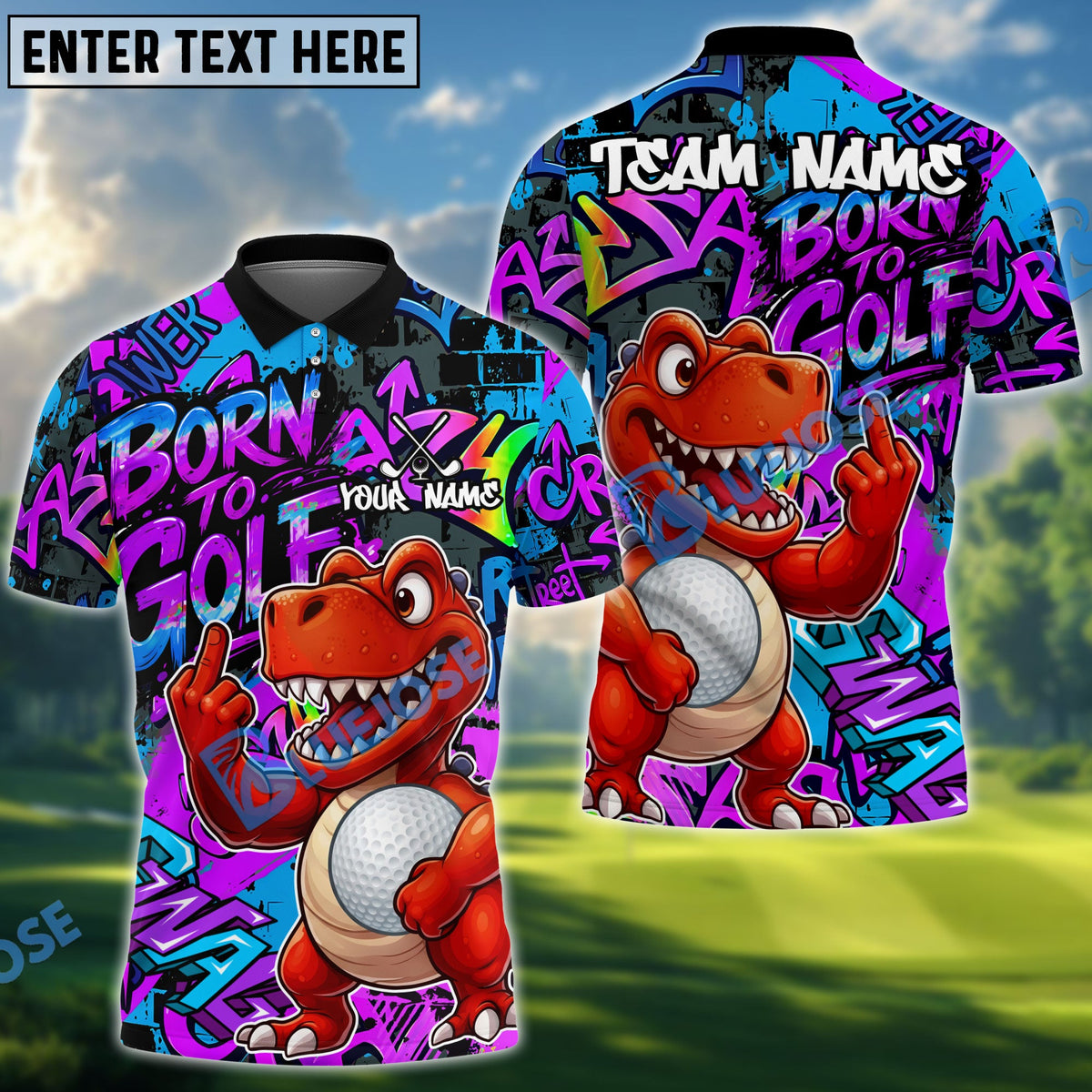 BlueJose Graffiti Dinosaur Born To Golf Polo Personalized Name, Team Name 3D Shirt (4 Colors)