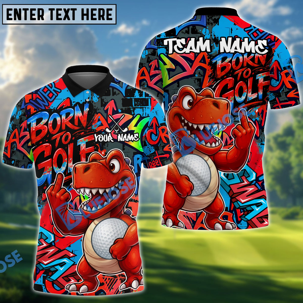 BlueJose Graffiti Dinosaur Born To Golf Polo Personalized Name, Team Name 3D Shirt (4 Colors)
