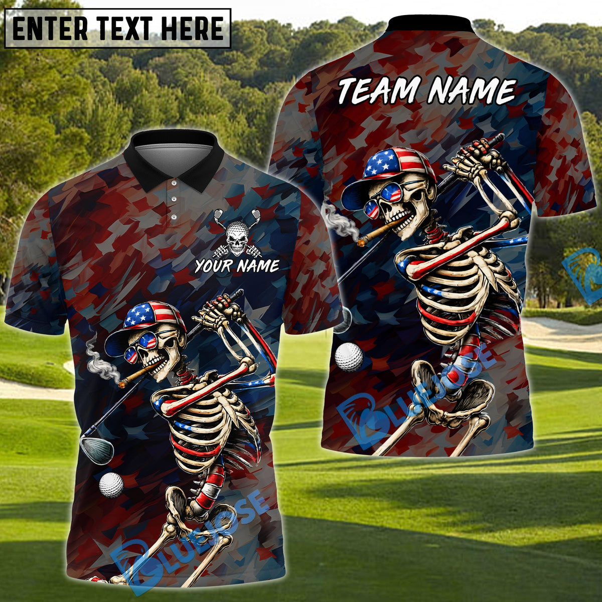 BlueJose American Skeleton Golfer Polo Customized Name, Team Name 3D Shirts