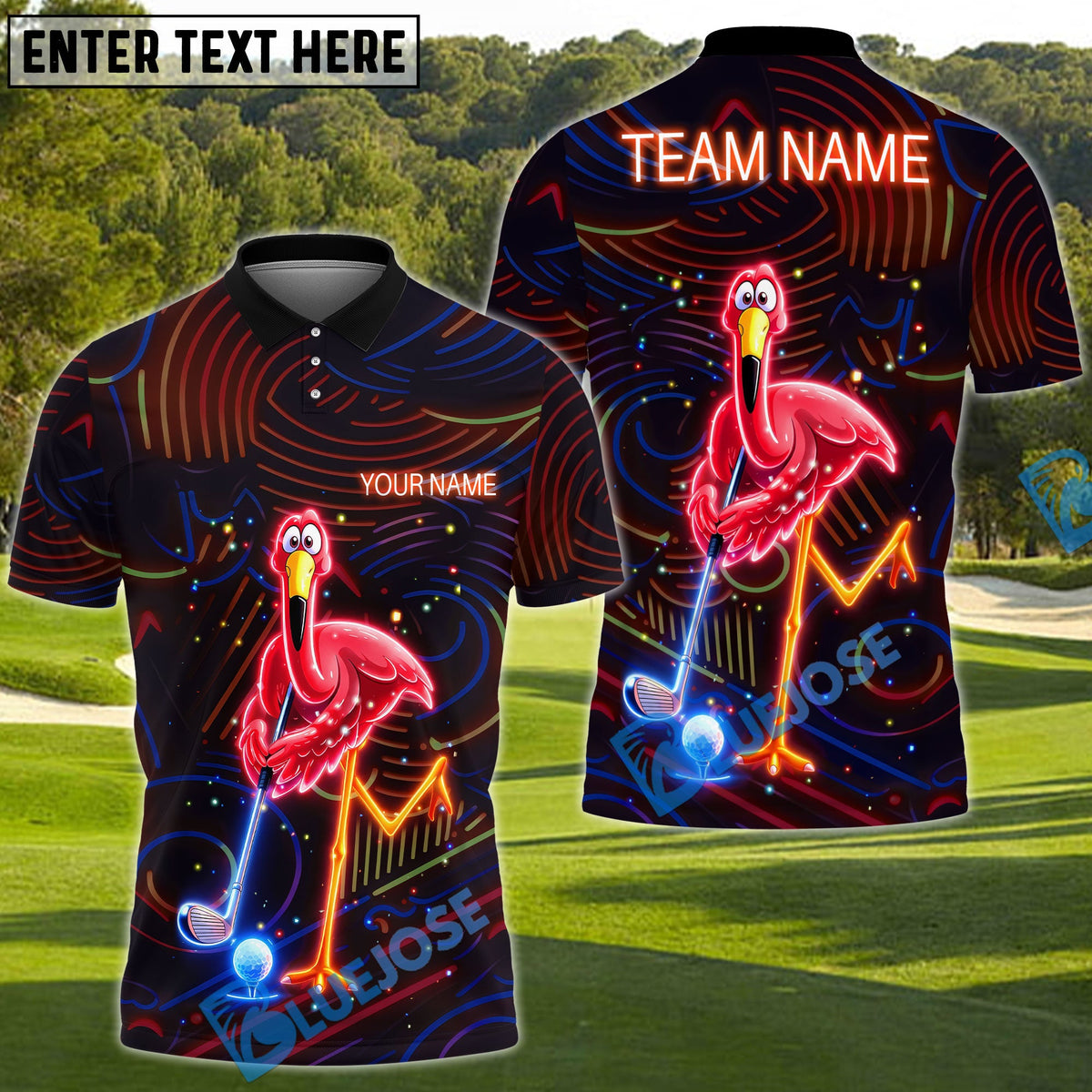 BlueJose Neon Flamingo Night Golf Polo Personalized Name, Team Name 3D Shirt (4 Colors)