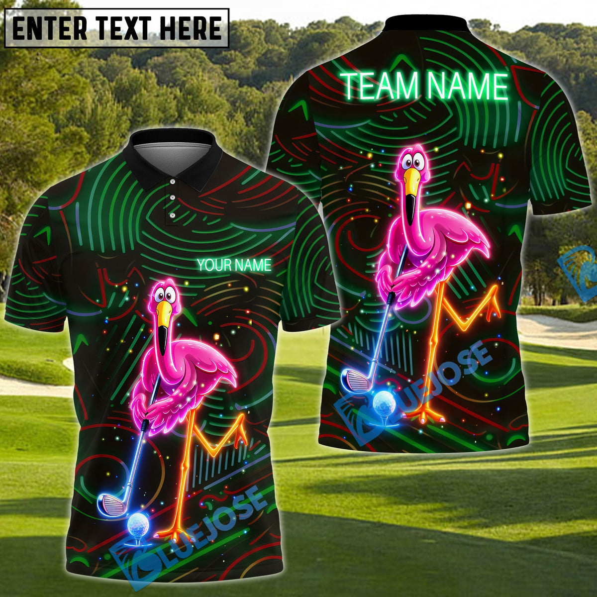 BlueJose Neon Flamingo Night Golf Polo Personalized Name, Team Name 3D Shirt (4 Colors)