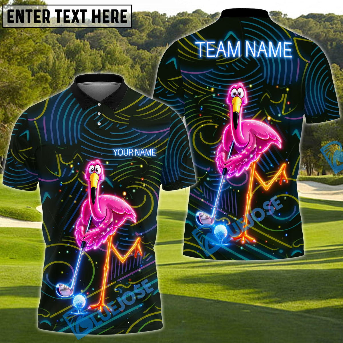 BlueJose Neon Flamingo Night Golf Polo Personalized Name, Team Name 3D Shirt (4 Colors)