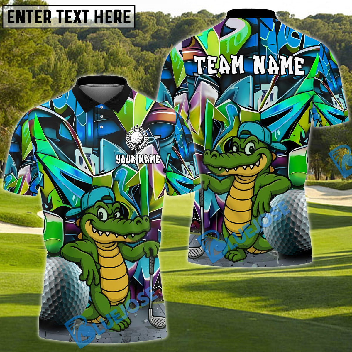 BlueJose Graffiti Alligator Golf Polo Personalized Name, Team Name 3D Shirt (4 Colors)