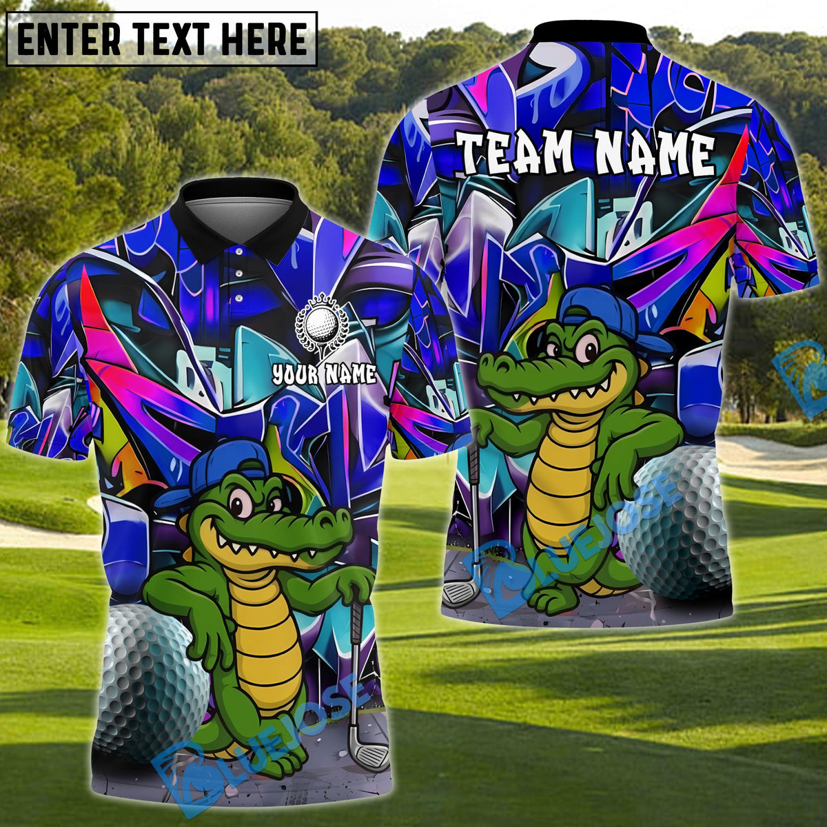 BlueJose Graffiti Alligator Golf Polo Personalized Name, Team Name 3D Shirt (4 Colors)