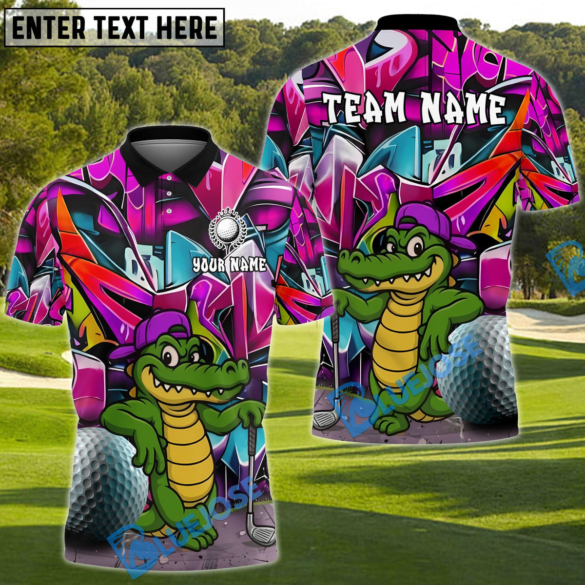 BlueJose Graffiti Alligator Golf Polo Personalized Name, Team Name 3D Shirt (4 Colors)