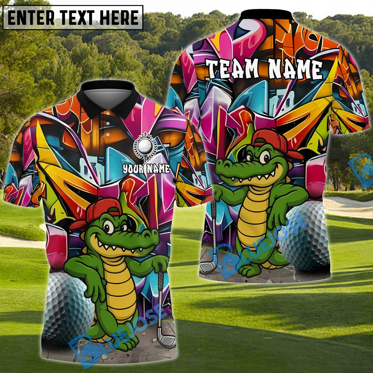 BlueJose Graffiti Alligator Golf Polo Personalized Name, Team Name 3D Shirt (4 Colors)