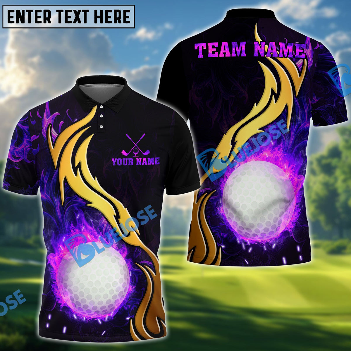 BlueJose Golden Rainbow Flame Golf Polo Personalized Name, Team Name 3D Shirt (4 Colors)