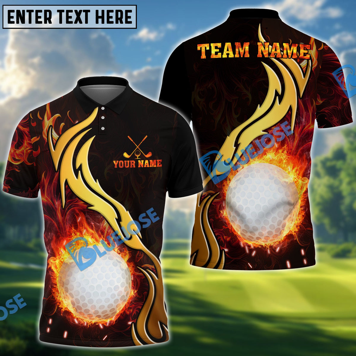 BlueJose Golden Rainbow Flame Golf Polo Personalized Name, Team Name 3D Shirt (4 Colors)