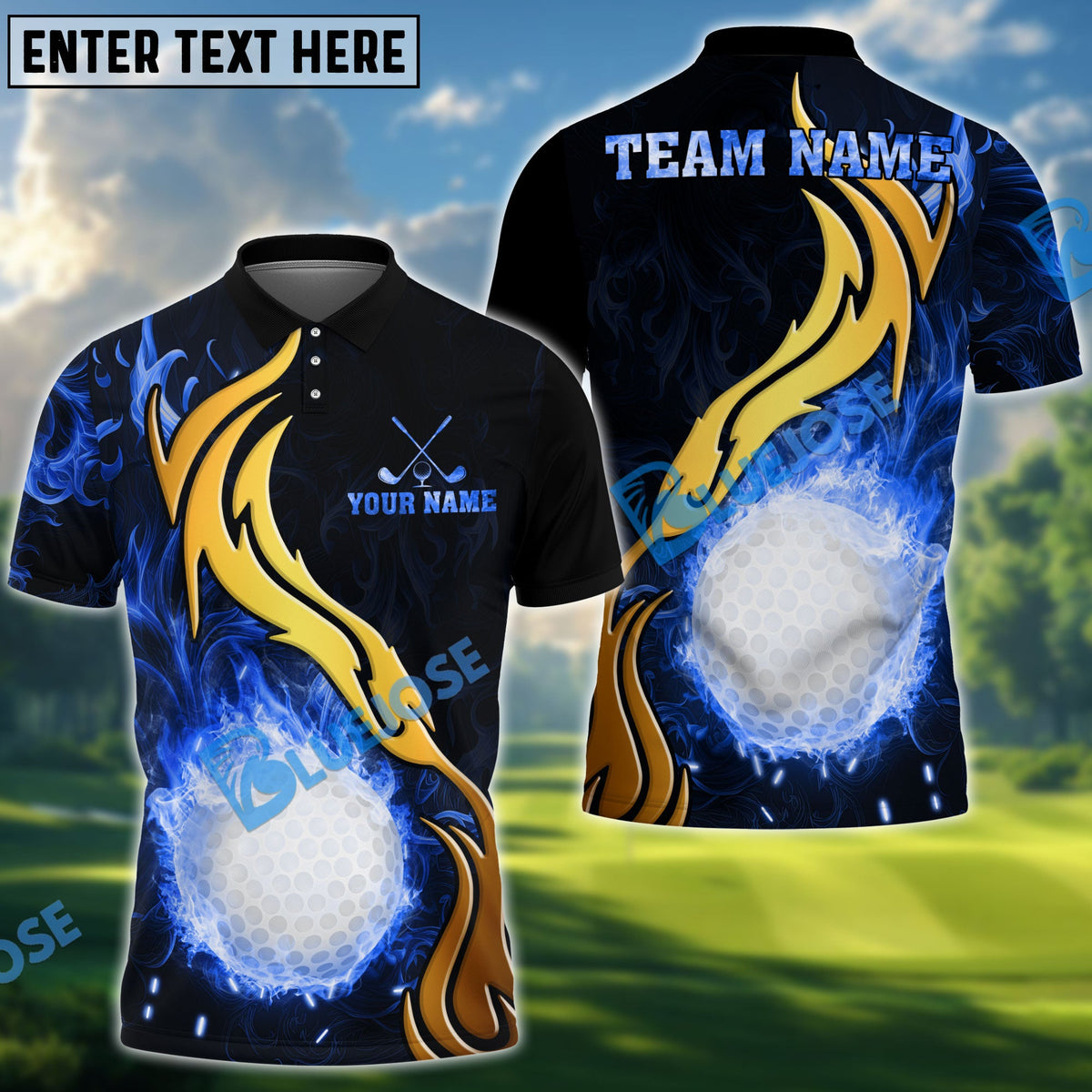 BlueJose Golden Rainbow Flame Golf Polo Personalized Name, Team Name 3D Shirt (4 Colors)