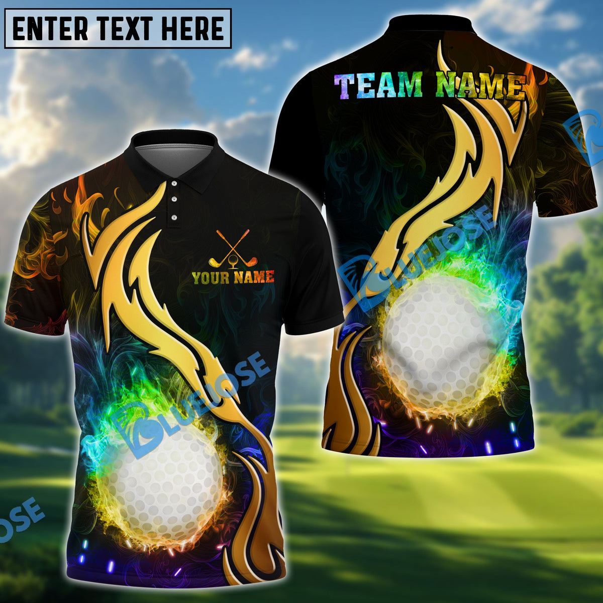 BlueJose Golden Rainbow Flame Golf Polo Personalized Name, Team Name 3D Shirt (4 Colors)