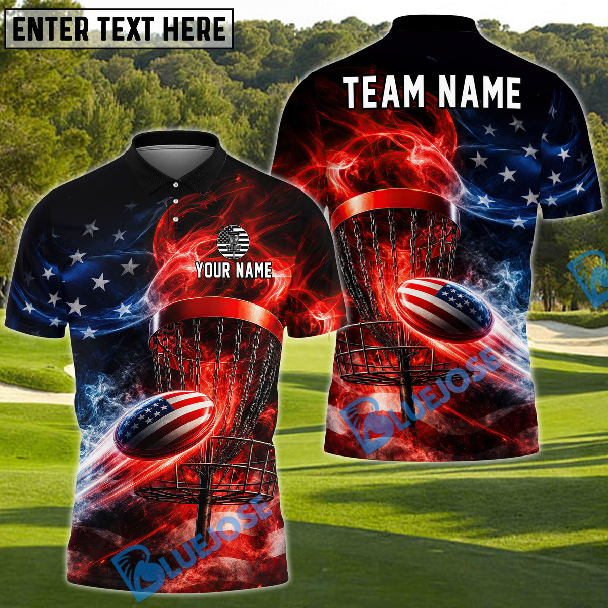 BlueJose Patriotic Fire Disc Golf Polo Customized Name, Team Name 3D Shirts