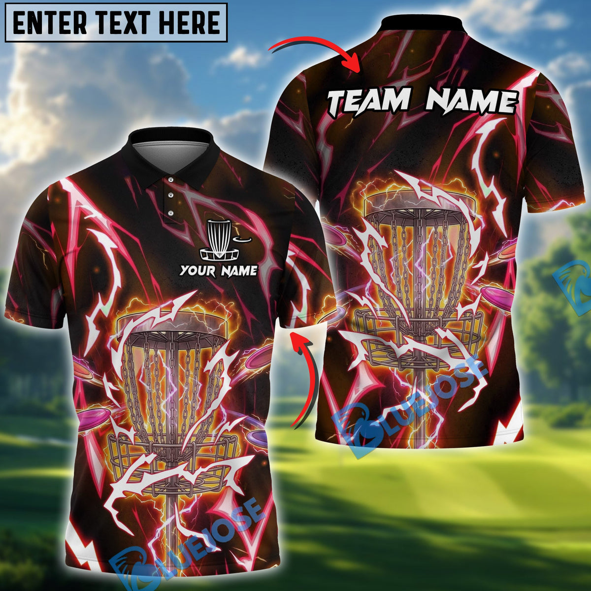 BlueJose Lightning Strike Disc Golf Polo Personalized Name, Team Name 3D Shirt (4 Colors)