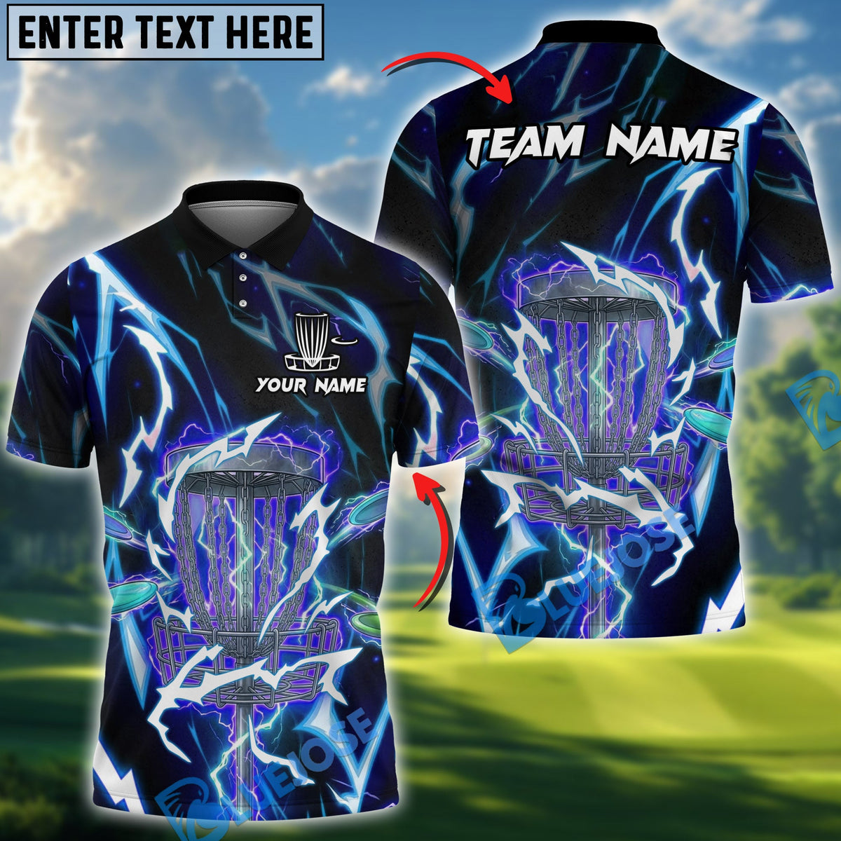BlueJose Lightning Strike Disc Golf Polo Personalized Name, Team Name 3D Shirt (4 Colors)