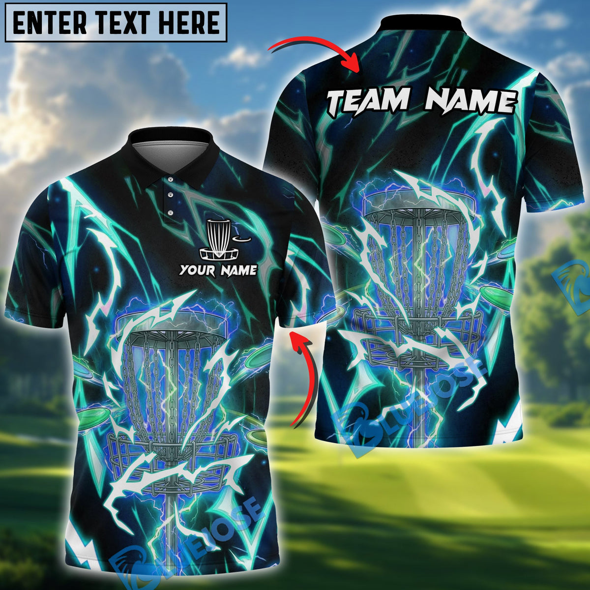 BlueJose Lightning Strike Disc Golf Polo Personalized Name, Team Name 3D Shirt (4 Colors)