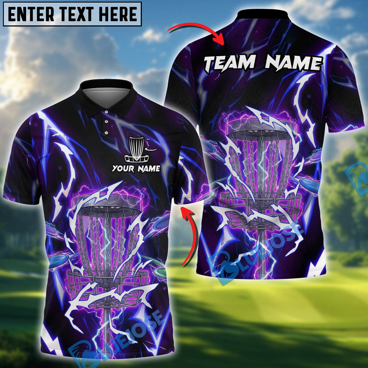 BlueJose Lightning Strike Disc Golf Polo Personalized Name, Team Name 3D Shirt (4 Colors)