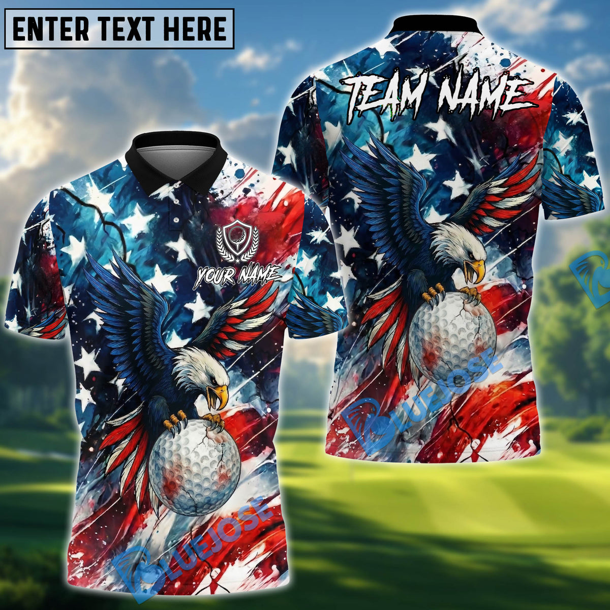 BlueJose Patriotic Eagle Golf Polo Customized Name, Team Name 3D Shirts
