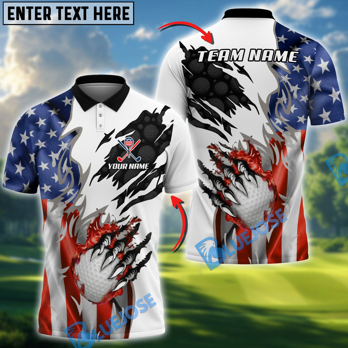 BlueJose USA Strike Golf Polo Customized Name, Team Name 3D Shirts
