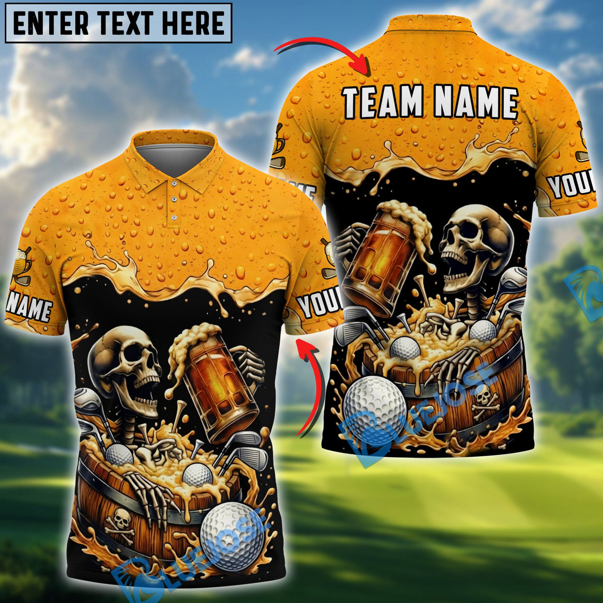 BlueJose Beer Bones Golf Polo Customized Name, Team Name 3D Shirts