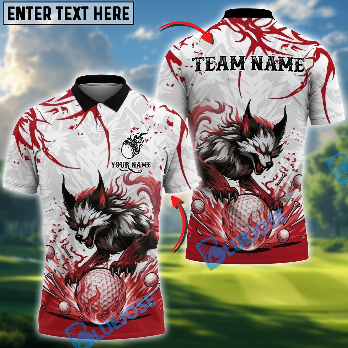 BlueJose Wolf Strike Golf Polo Personalized Name, Team Name 3D Shirt (4 Colors)