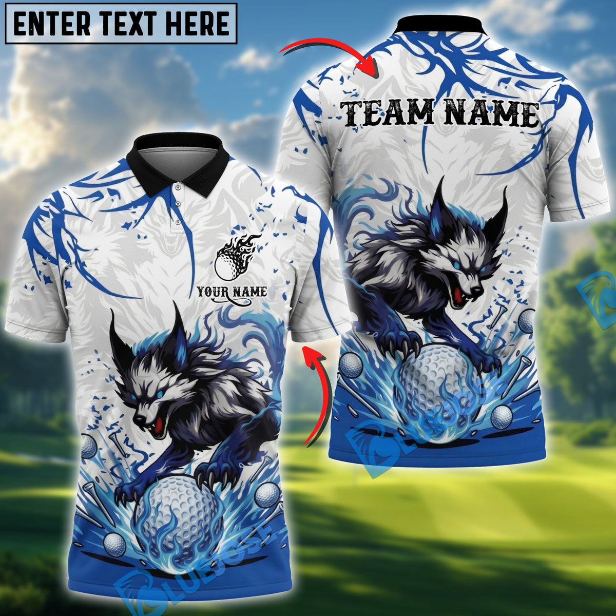 BlueJose Wolf Strike Golf Polo Personalized Name, Team Name 3D Shirt (4 Colors)
