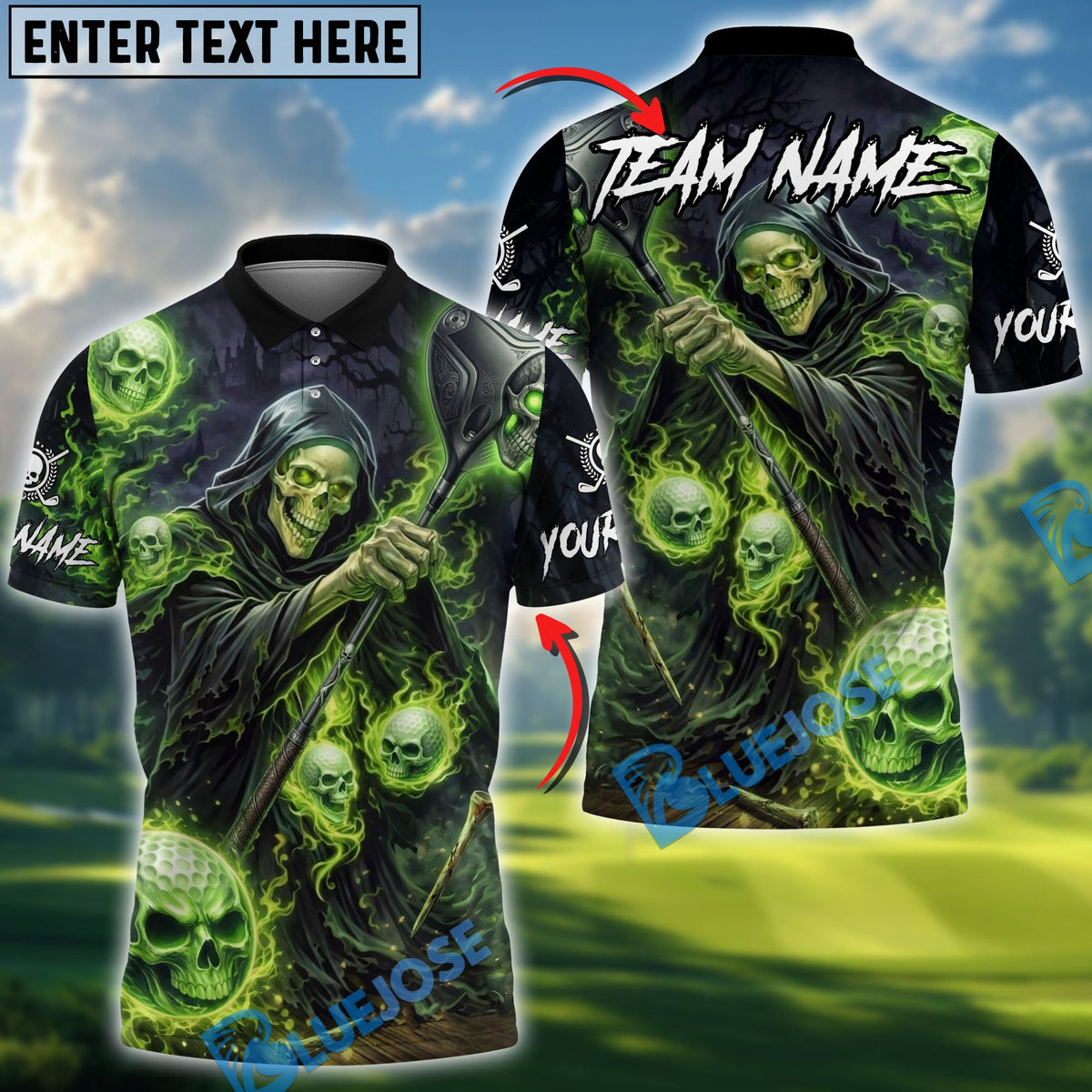 BlueJose Grim Reaper Golf Polo Personalized Name, Team Name 3D Shirt (4 Colors)