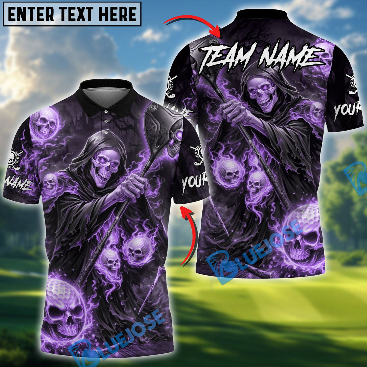 BlueJose Grim Reaper Golf Polo Personalized Name, Team Name 3D Shirt (4 Colors)