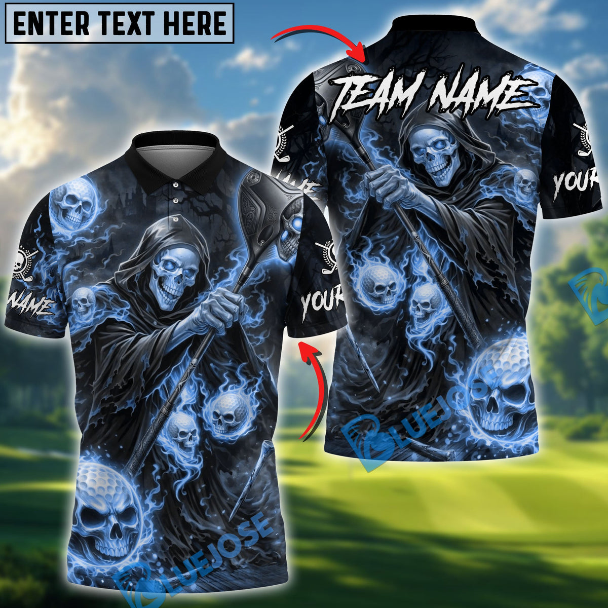 BlueJose Grim Reaper Golf Polo Personalized Name, Team Name 3D Shirt (4 Colors)