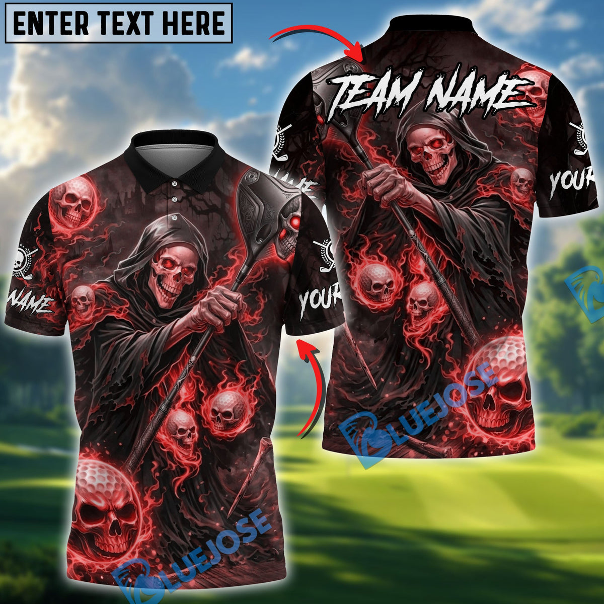 BlueJose Grim Reaper Golf Polo Personalized Name, Team Name 3D Shirt (4 Colors)