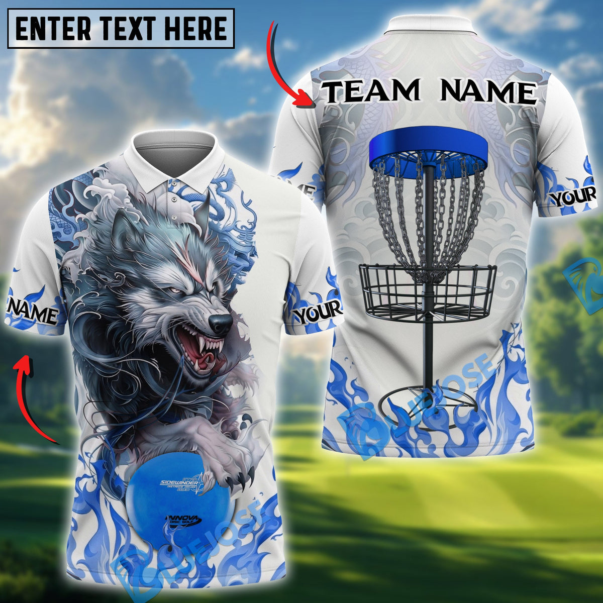 BlueJose Angry Wolf Disc Golf Polo Personalized Name, Team Name 3D Shirt (4 Colors)
