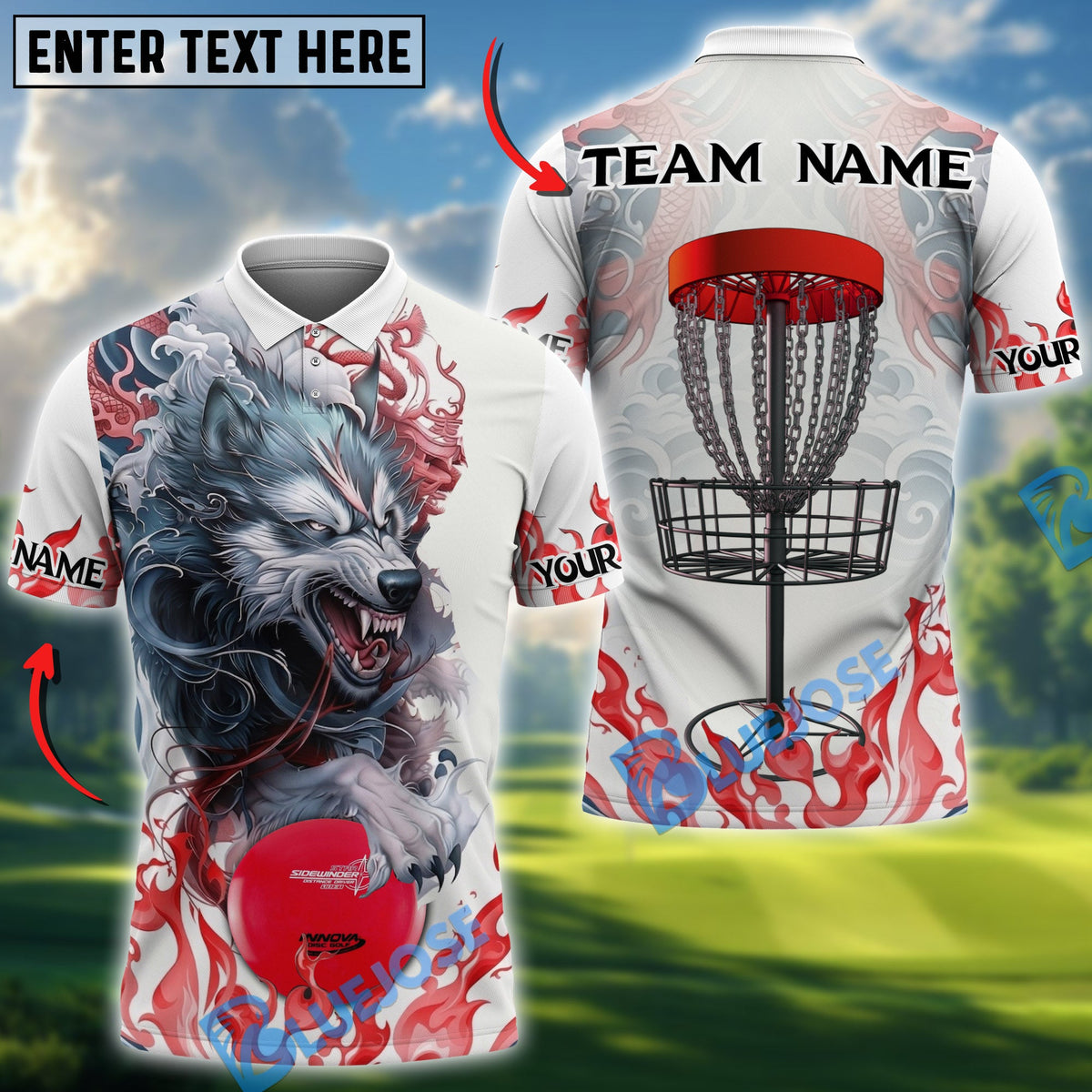 BlueJose Angry Wolf Disc Golf Polo Personalized Name, Team Name 3D Shirt (4 Colors)