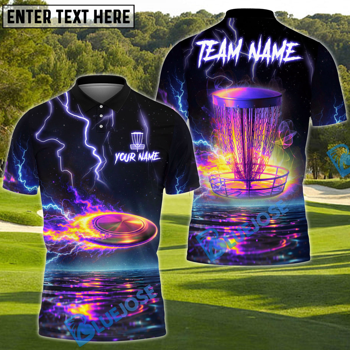 BlueJose Lightning Strike Disc Golf Polo Personalized Name, Team Name 3D Shirt (4 Colors)