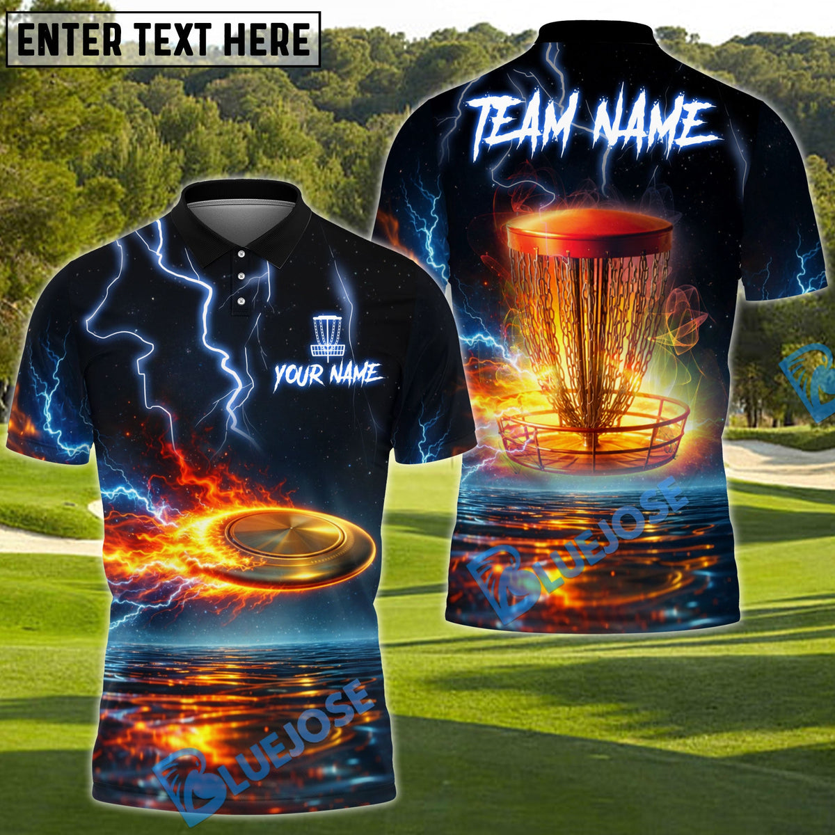 BlueJose Lightning Strike Disc Golf Polo Personalized Name, Team Name 3D Shirt (4 Colors)