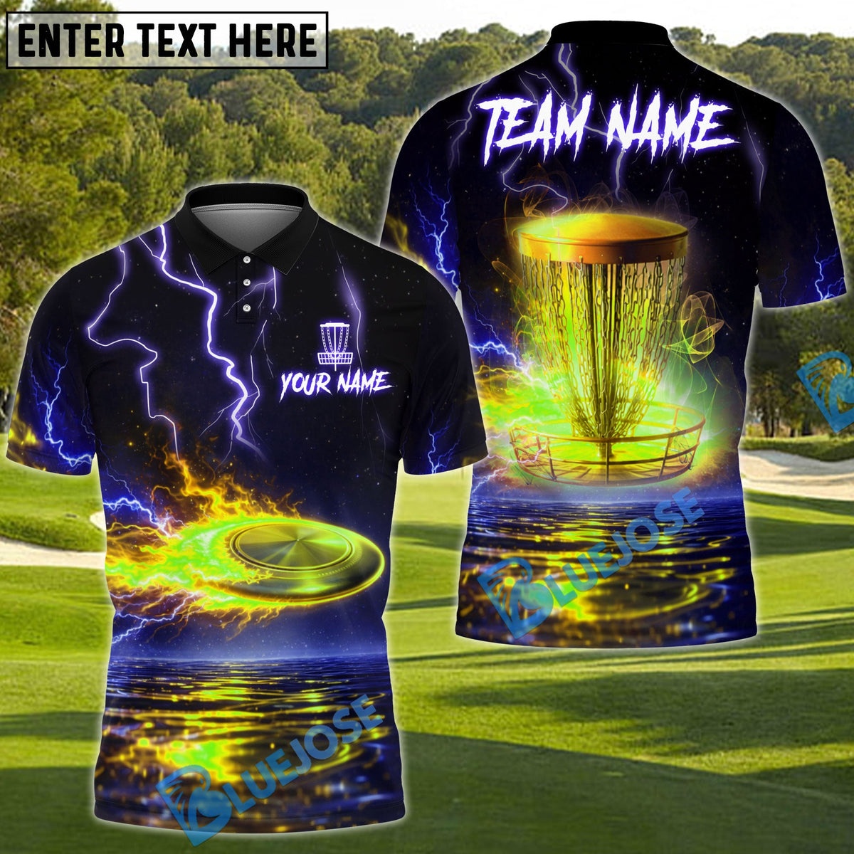 BlueJose Lightning Strike Disc Golf Polo Personalized Name, Team Name 3D Shirt (4 Colors)