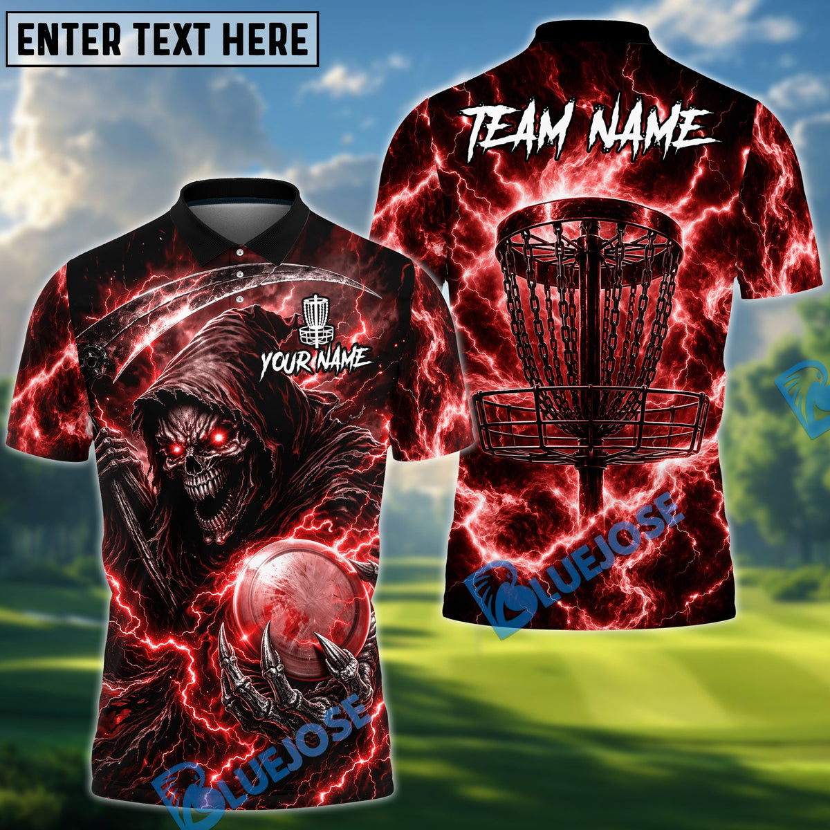 BlueJose Reaper Lightning Disc Golf Polo Personalized Name, Team Name 3D Shirt (4 Colors)