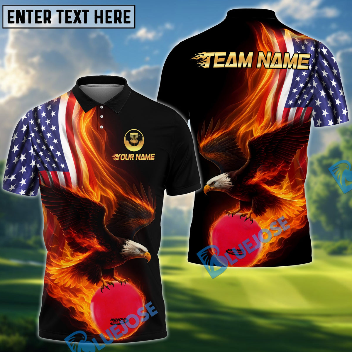 BlueJose Patriot Fire Eagle Disc Golf Polo Customized Name, Team Name 3D Shirts