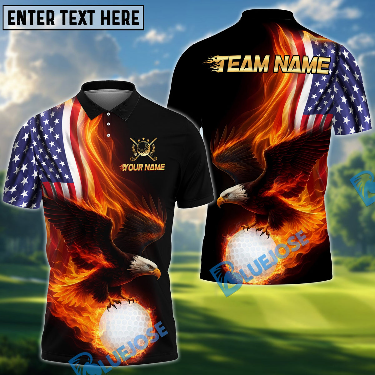 BlueJose Patriotic Fire Eagle Golf Polo Customized Name, Team Name 3D Shirts