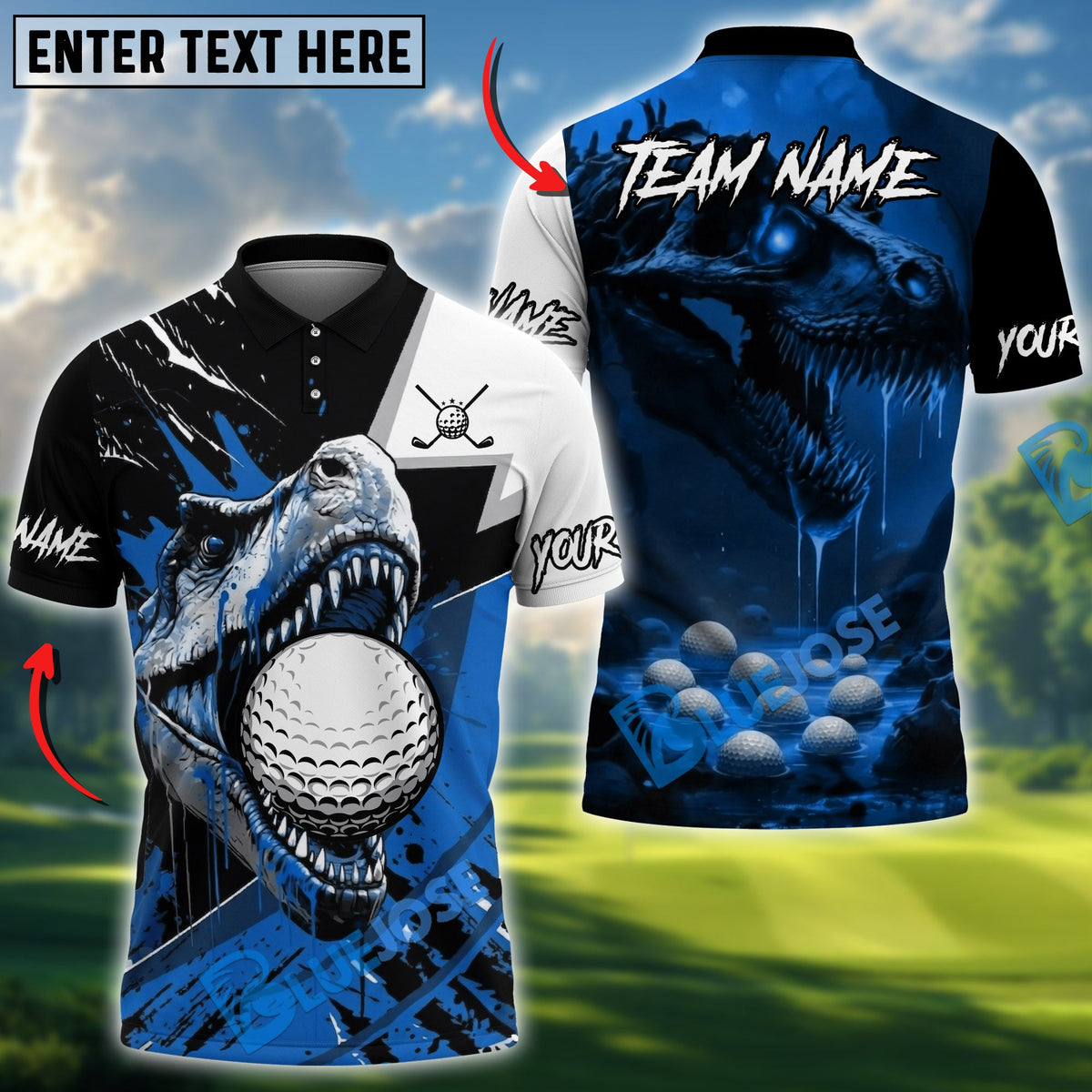 BlueJose Crimson Fury T-Rex Golf Polo Personalized Name, Team Name 3D Shirt (4 Colors)