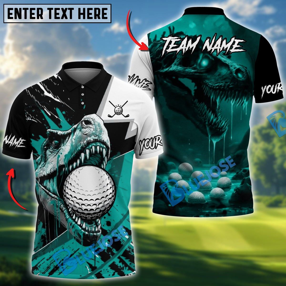 BlueJose Crimson Fury T-Rex Golf Polo Personalized Name, Team Name 3D Shirt (4 Colors)