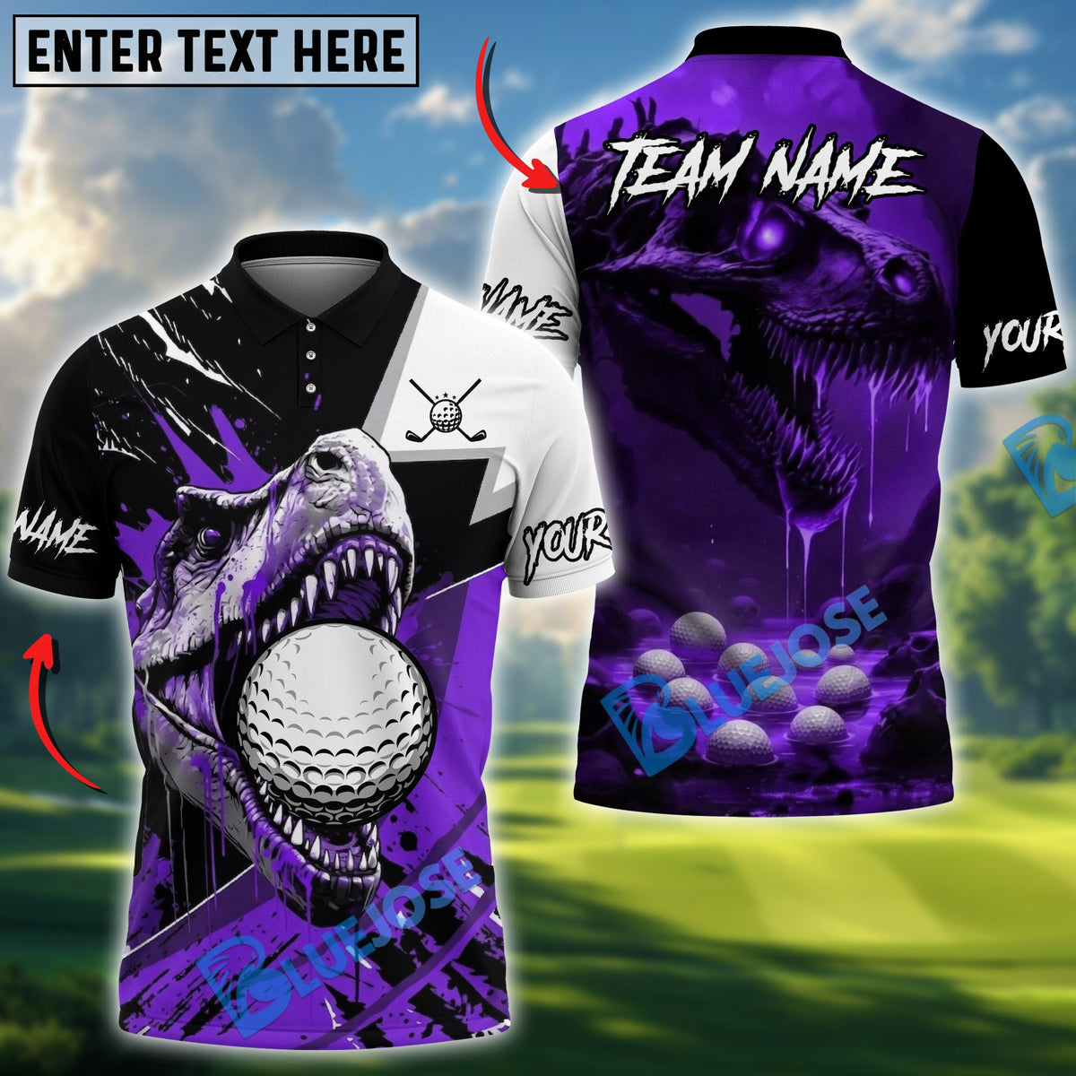 BlueJose Crimson Fury T-Rex Golf Polo Personalized Name, Team Name 3D Shirt (4 Colors)