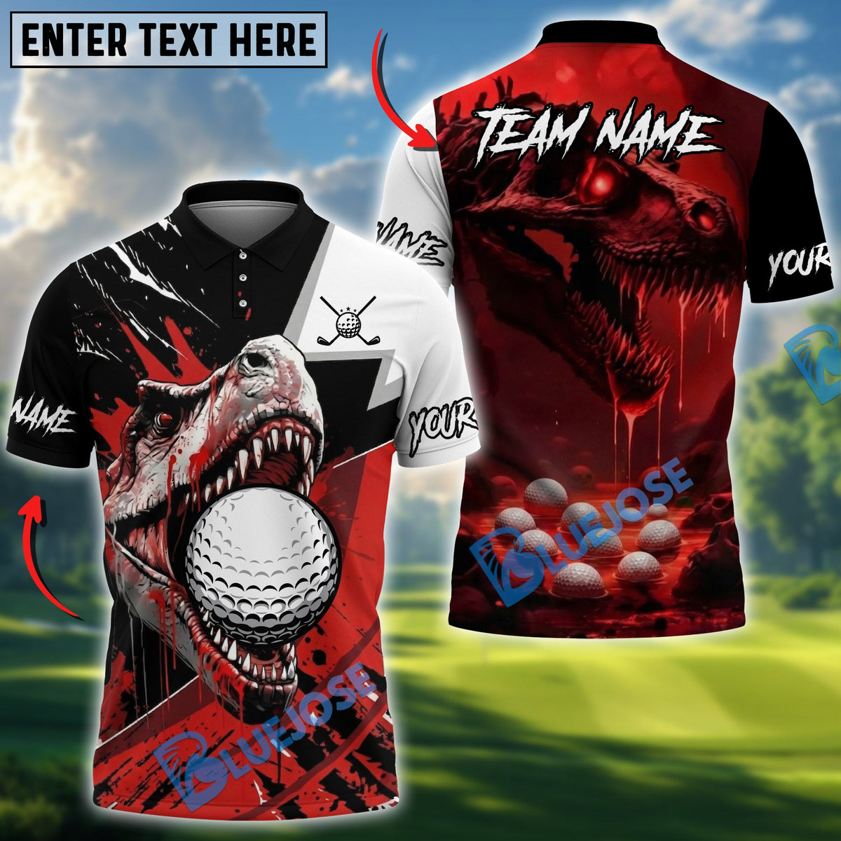 BlueJose Crimson Fury T-Rex Golf Polo Personalized Name, Team Name 3D Shirt (4 Colors)