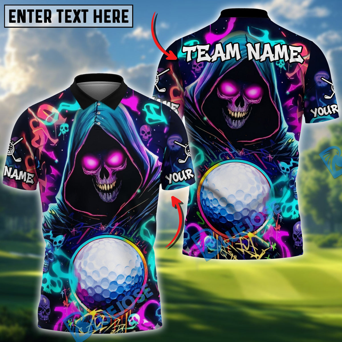 BlueJose Electric Reaper Golf Polo Customized Name, Team Name 3D Shirts