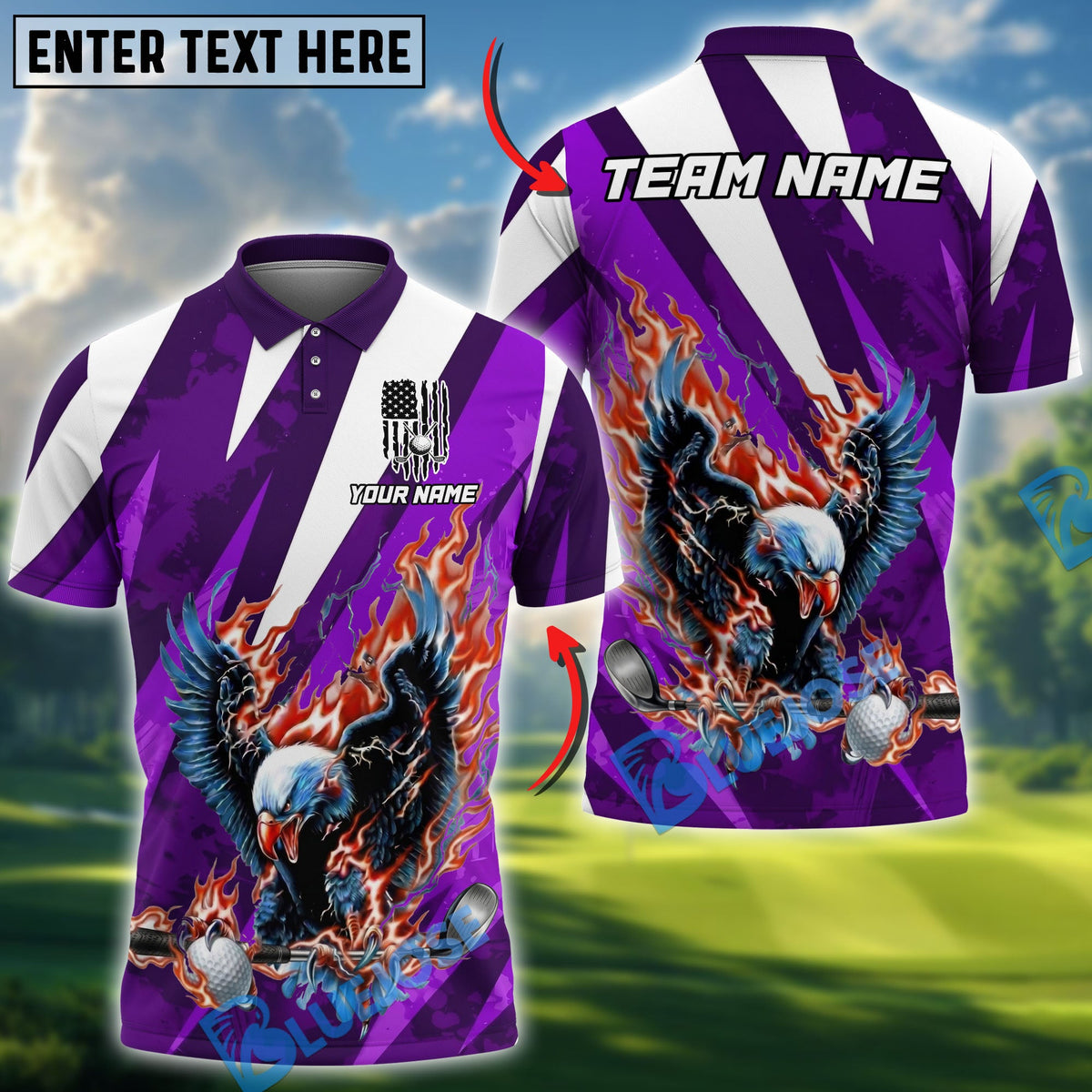 BlueJose Flame Strike Eagle Golf Polo Personalized Name, Team Name 3D Shirt (4 Colors)