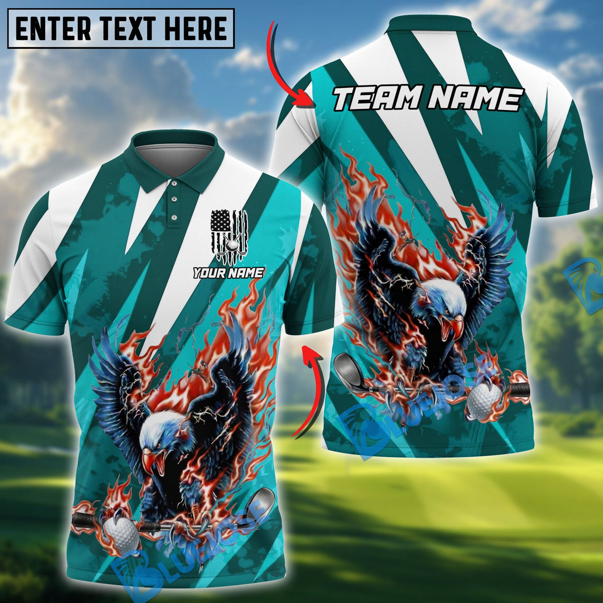 BlueJose Flame Strike Eagle Golf Polo Personalized Name, Team Name 3D Shirt (4 Colors)