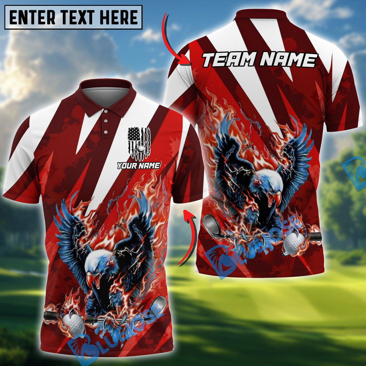 BlueJose Flame Strike Eagle Golf Polo Personalized Name, Team Name 3D Shirt (4 Colors)